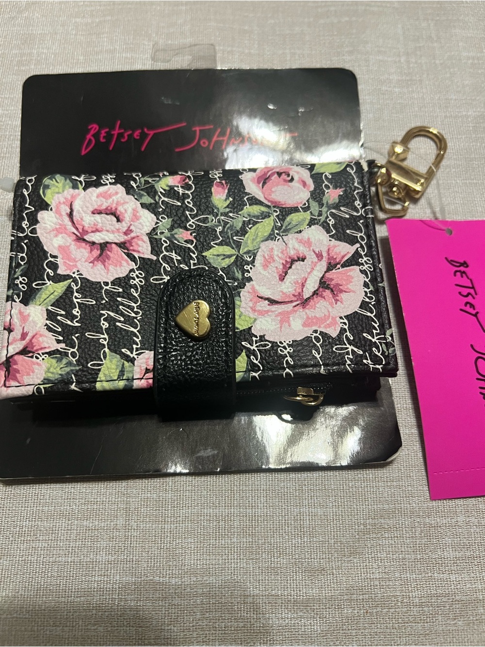 Betsey Johnson Black Floral Key & Card Holder with Gold Hardware